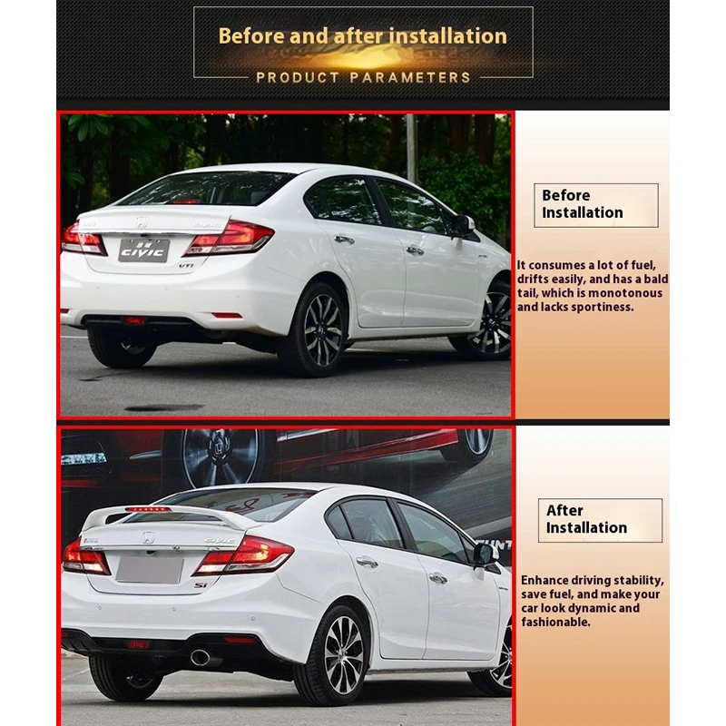 SI Style Rear Spoiler PAINTED Fits 2013-2015 9TH Honda Civic 4 Door Rear Trunk Spoiler Rear Wing Exterior Parts Auto Accessorie