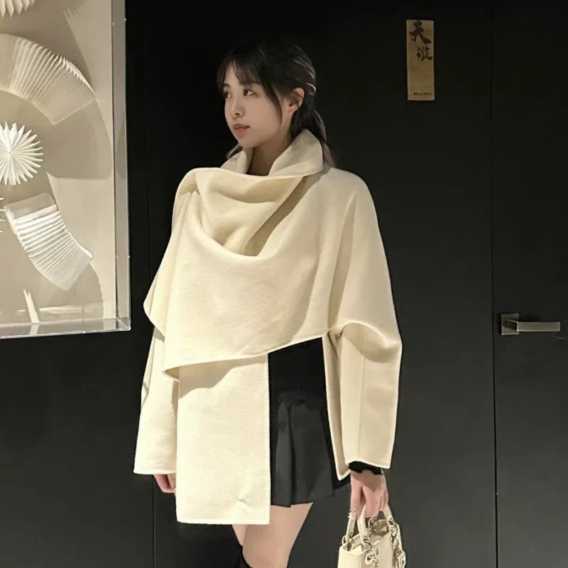 Cappotto di lana a due lati donna autunno inverno giacca di lana scialle capispalla sciarpa mantello abbigliamento donna di marca di lusso giacca a vento nera