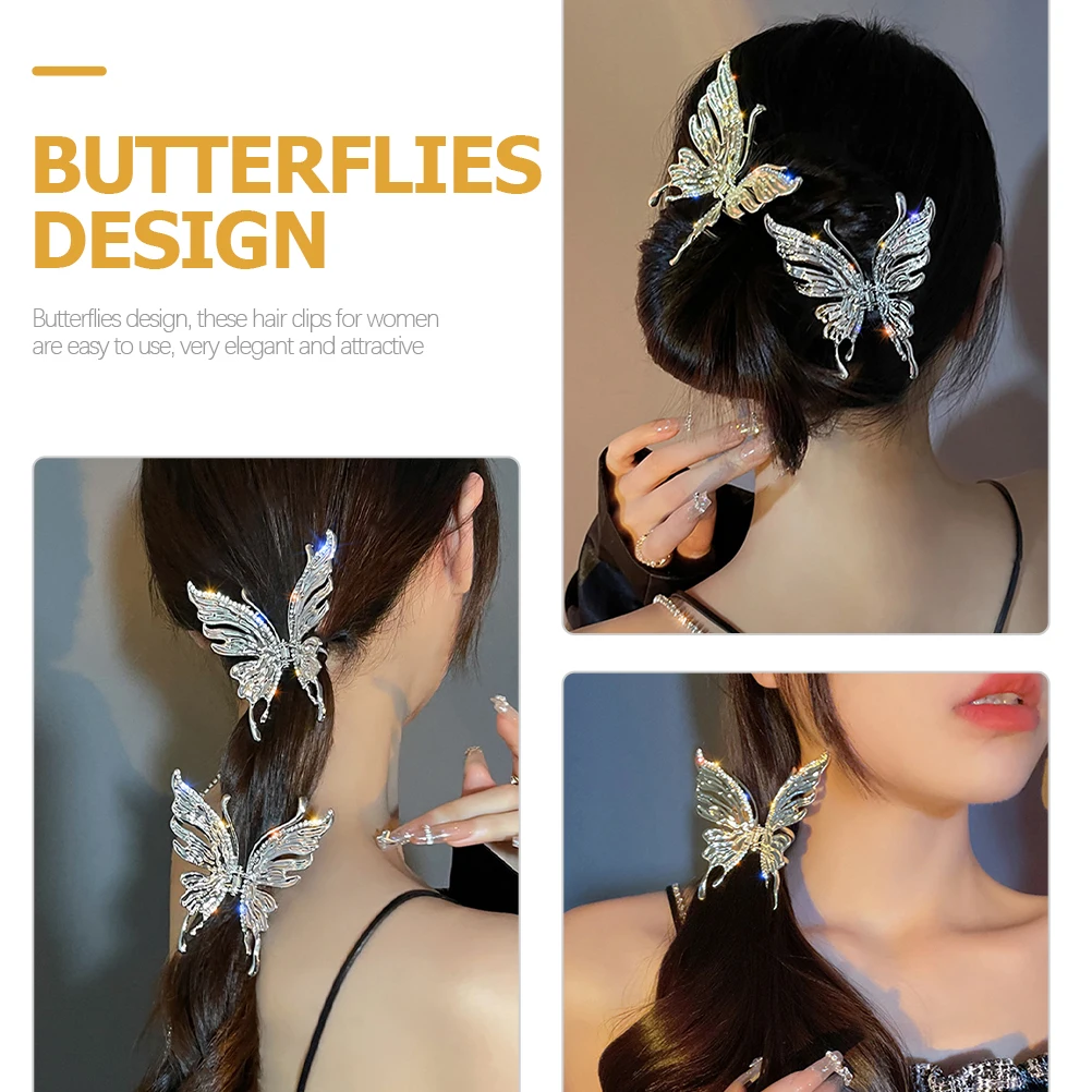 

2 Pcs Diamond Butterfly Hair Clips Elegant Women Accessories Comfortable Long Wear Jaw Clamps For Hair Styling