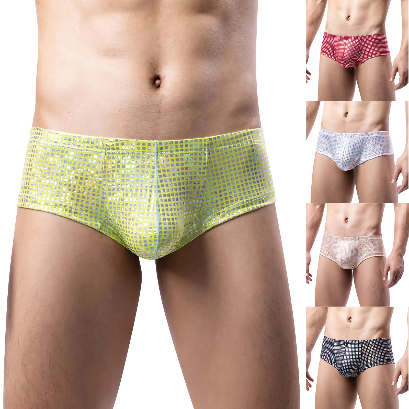 Men's Sequined Personalized Fun Boxy Underwear Novelty Slim Fit Hip Lifter Low Waist U Convex Pouch Trunks