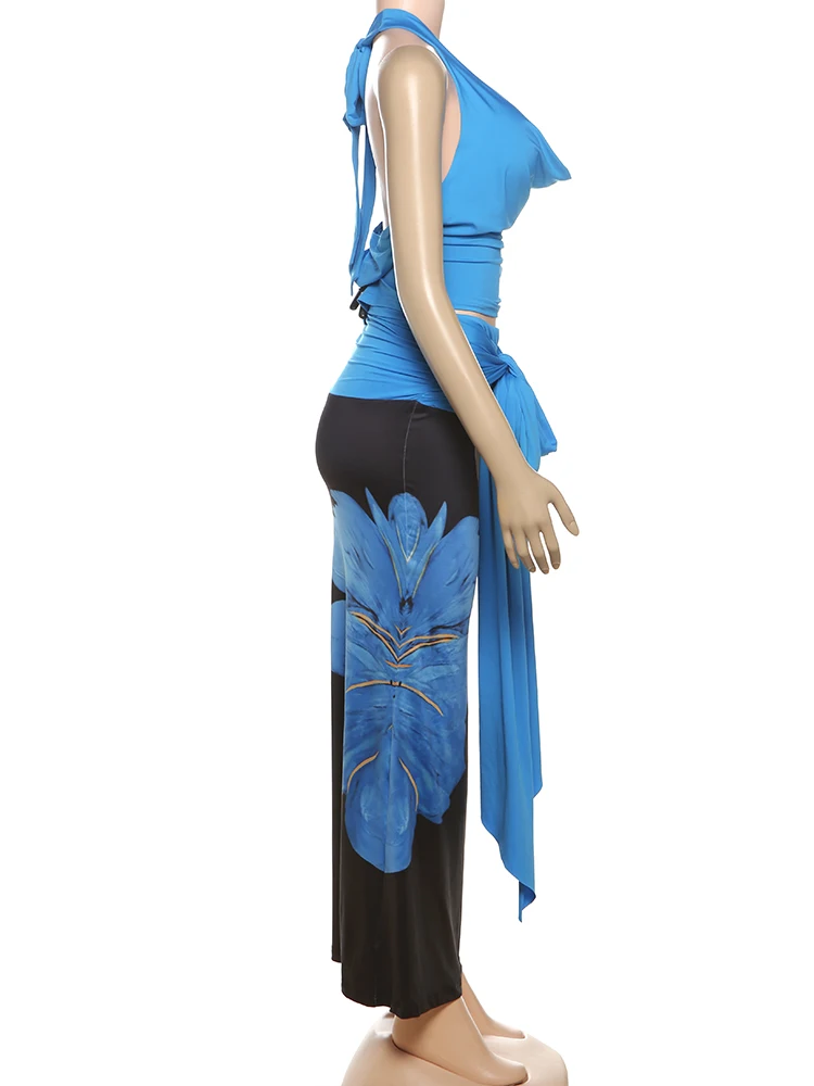 

Sisterlinda Matching High Street 2 Piece Set Summer Halter Backless Crop Tanks+Floral Print Maxi Skirts Mujer Ribbons Streetwear