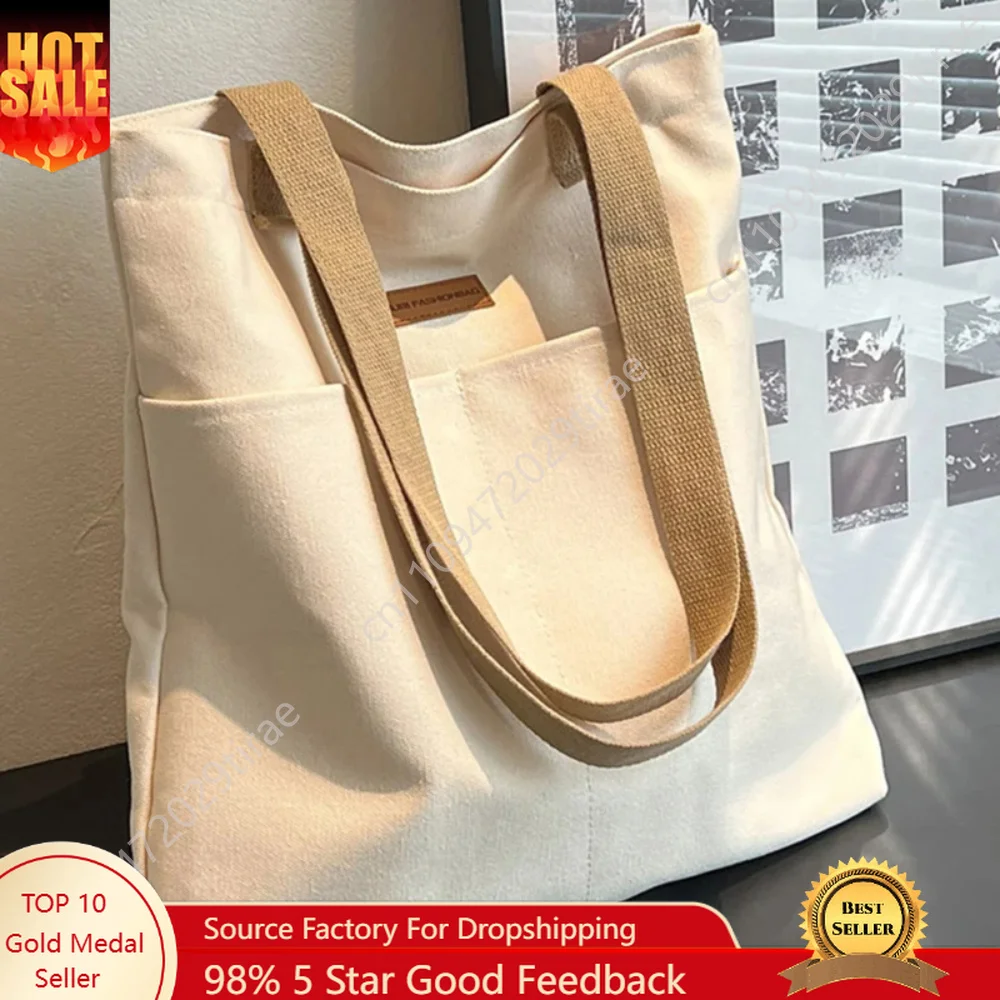 1Pc Women's Tote Bag Canvas Sewing Thread Large Capacity Advanced Sense Handbag Convenient Practical Female's Commuter Bag