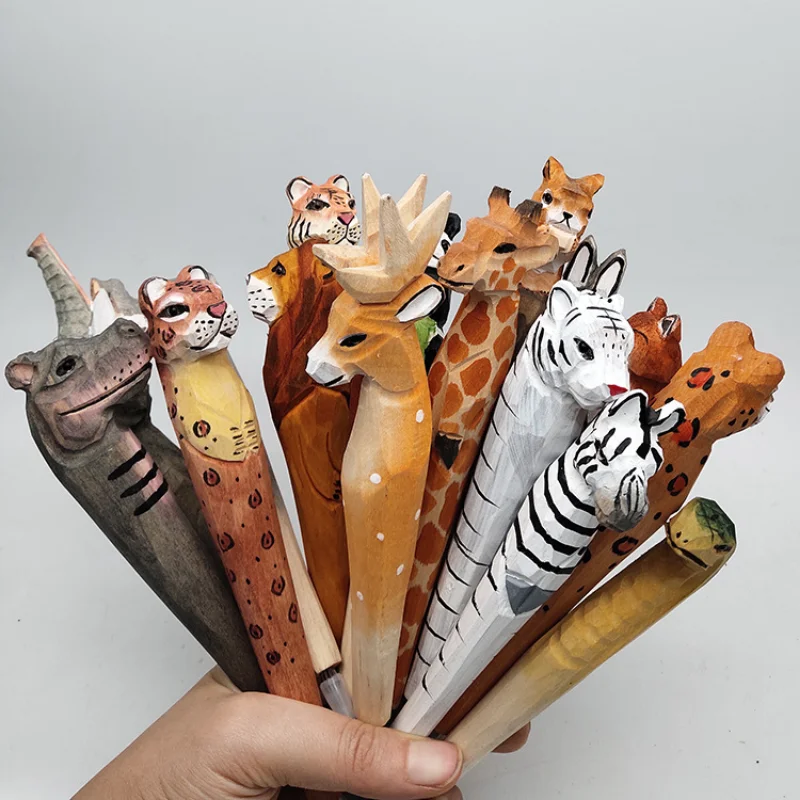 Cartoon creative gift stationery lovely wood carving pen 0.5m animal pen art neutral pen wood craft pen