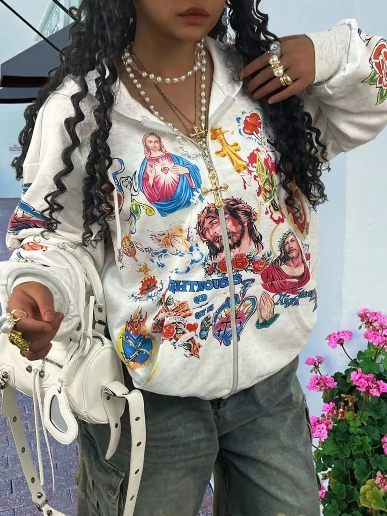 

Women's Graphic Print Loose Fit Zip-Up Hooded Sweatshirt Jacket