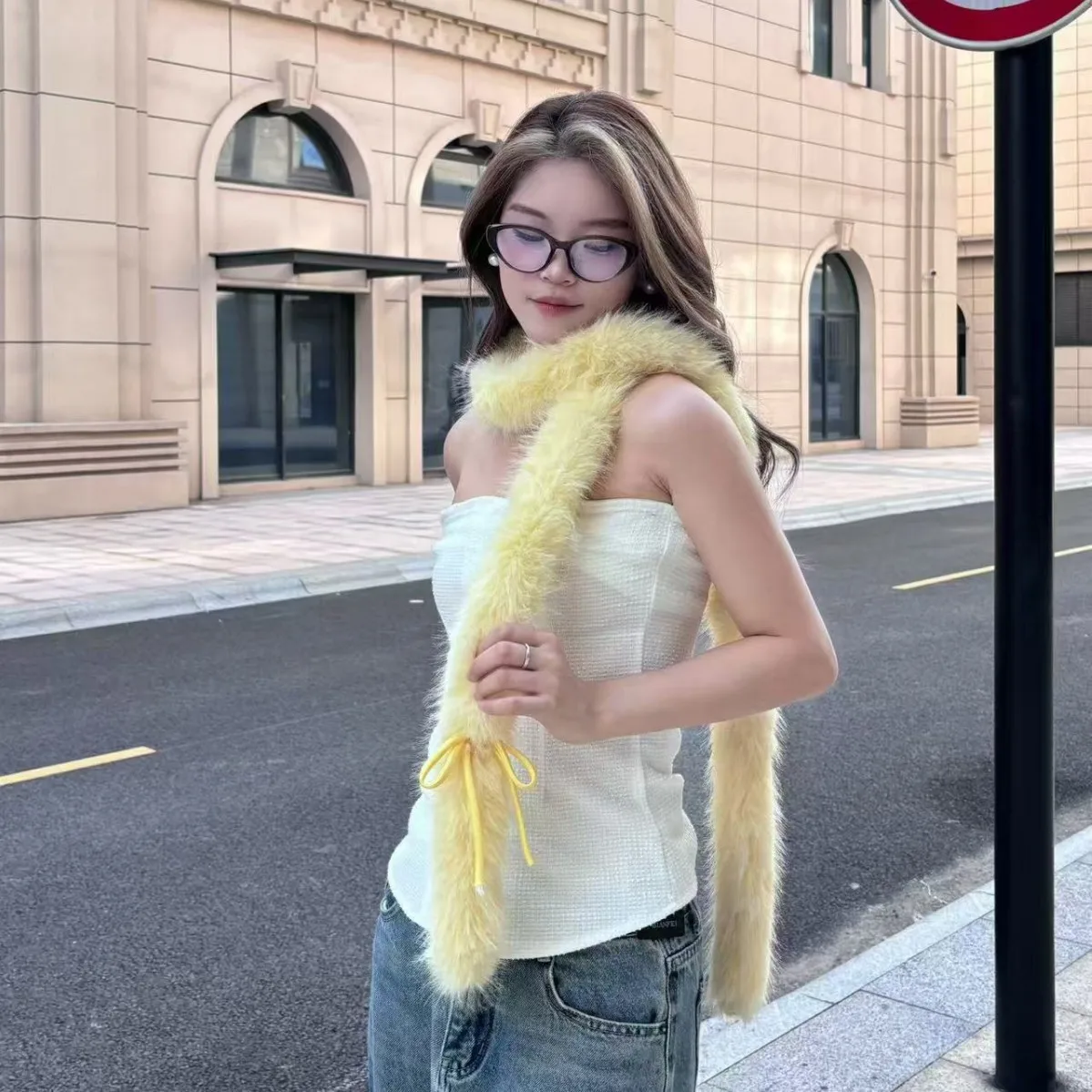 وشاح طويل من الفرو للنساء بفيونكة شعر أرنب صناعي شتوي وردي سميك دافئ يقلد أرنب كوري ياقة من الفرو الاصطناعي كاواي #1