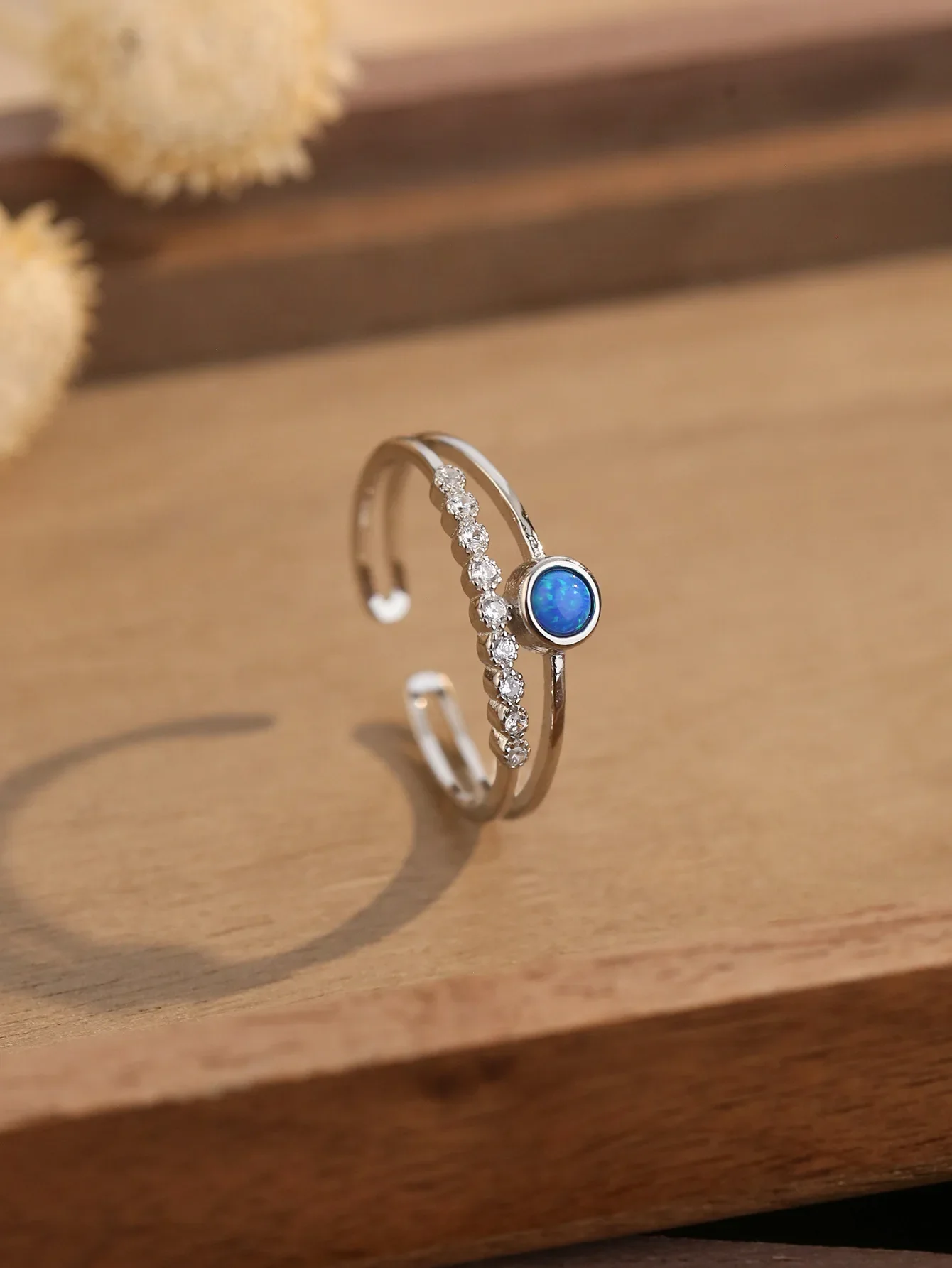 Creative Pure 925-Silver Double-layer Ring with Blue Opal and Zircon Simple Exquisite Style for Daily Wear or as a Gift