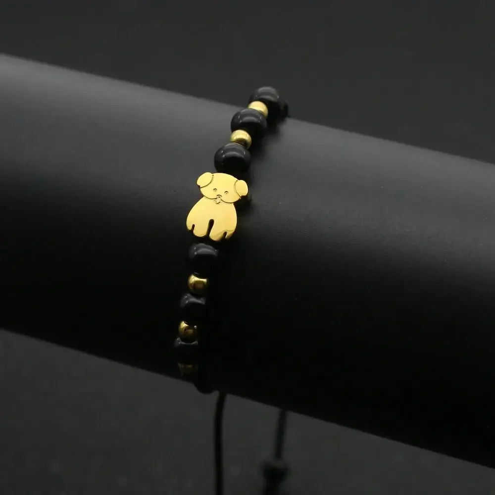 Cute Stainless Steel Bear Bracelets For Men Women Natural Stone Handmade Beaded Thread Braid Friendship Bracelet Couple Jewelry