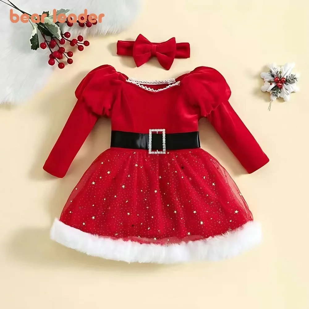 

Bear Leader Spring and Autumn Girls' Clothing Children's Christmas New Style Baby Dress Bubble Sleeve Star Mesh Princess Dresses