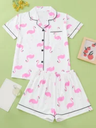 Women's Flamingo Print Collared Short Sleeve Top And Loose Shorts Casual Homewear Set