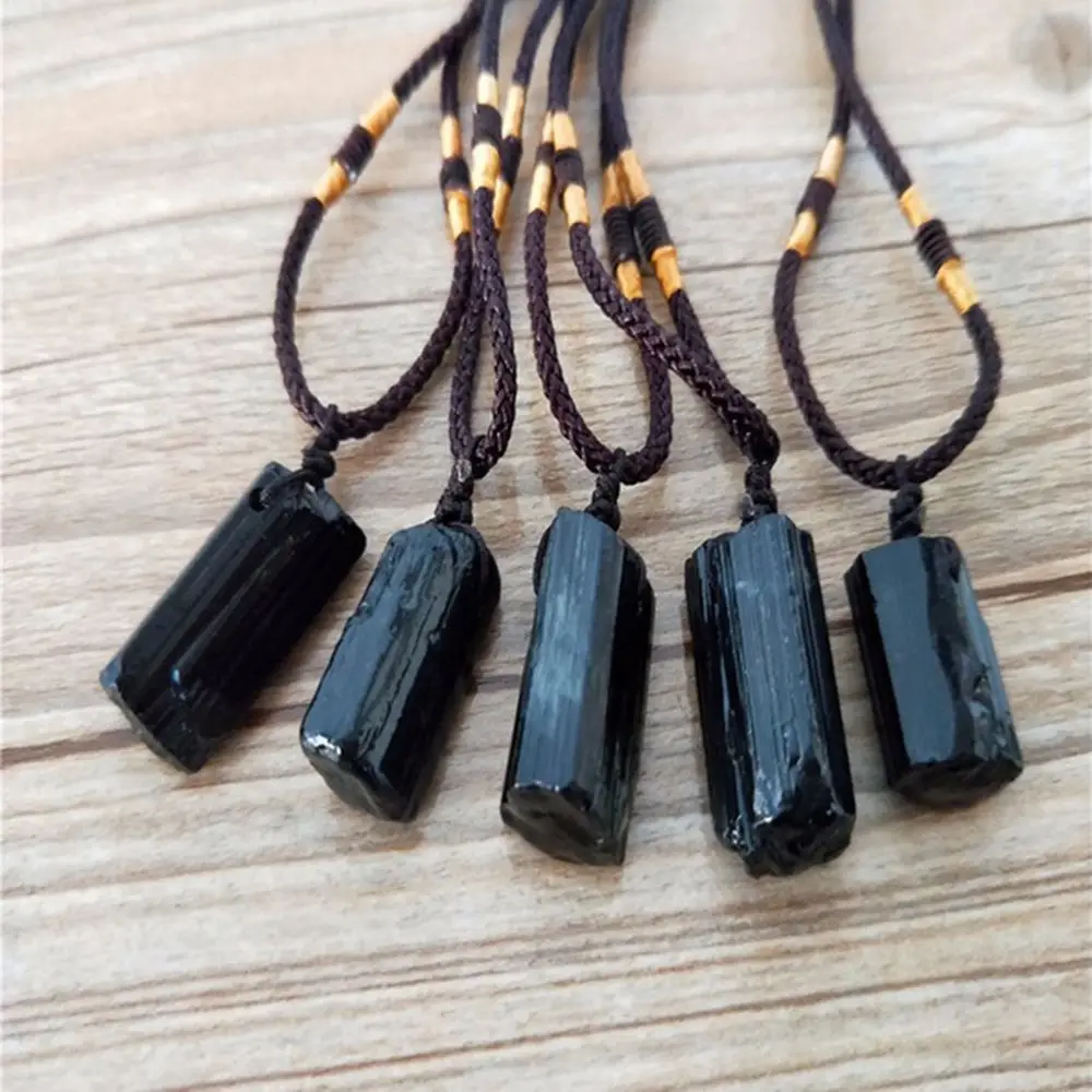 Natural Black Tourmaline Rough Pendant Necklace Irregular Black Tourmaline Cylinder Rough Stone Personality Necklace Jewelry