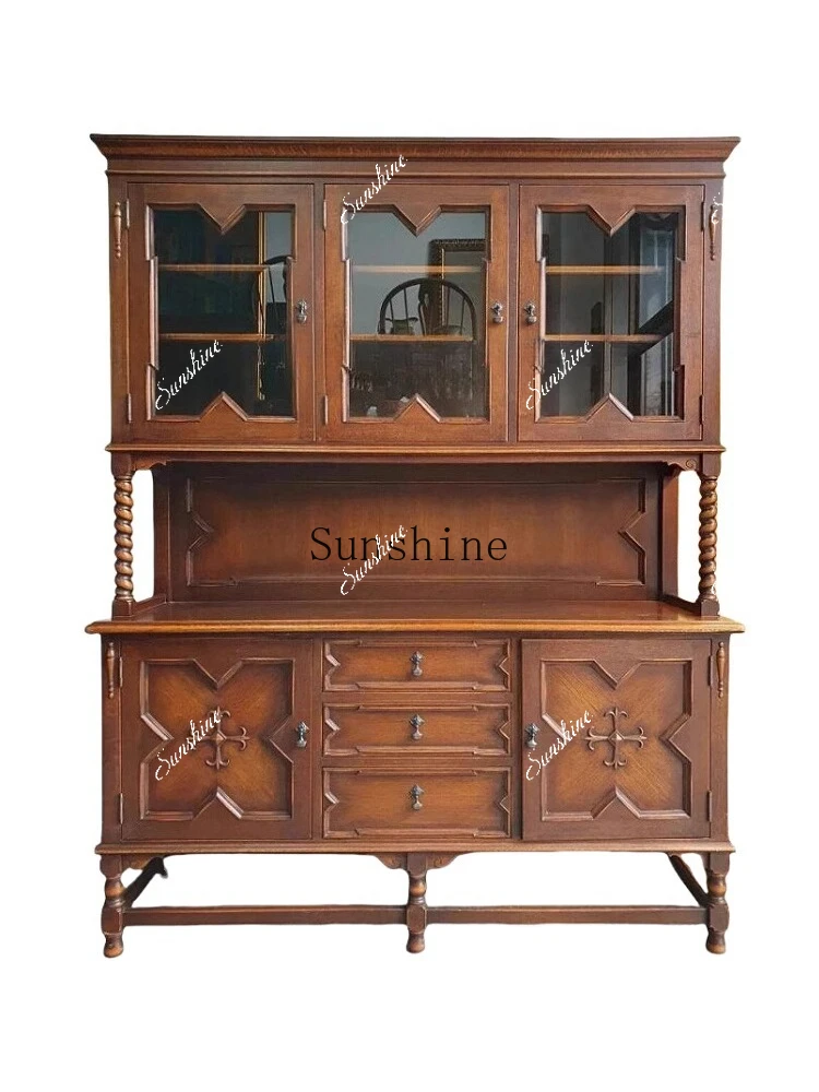 

American nostalgic retro dining edge solid wood old glass storage cabinet FT