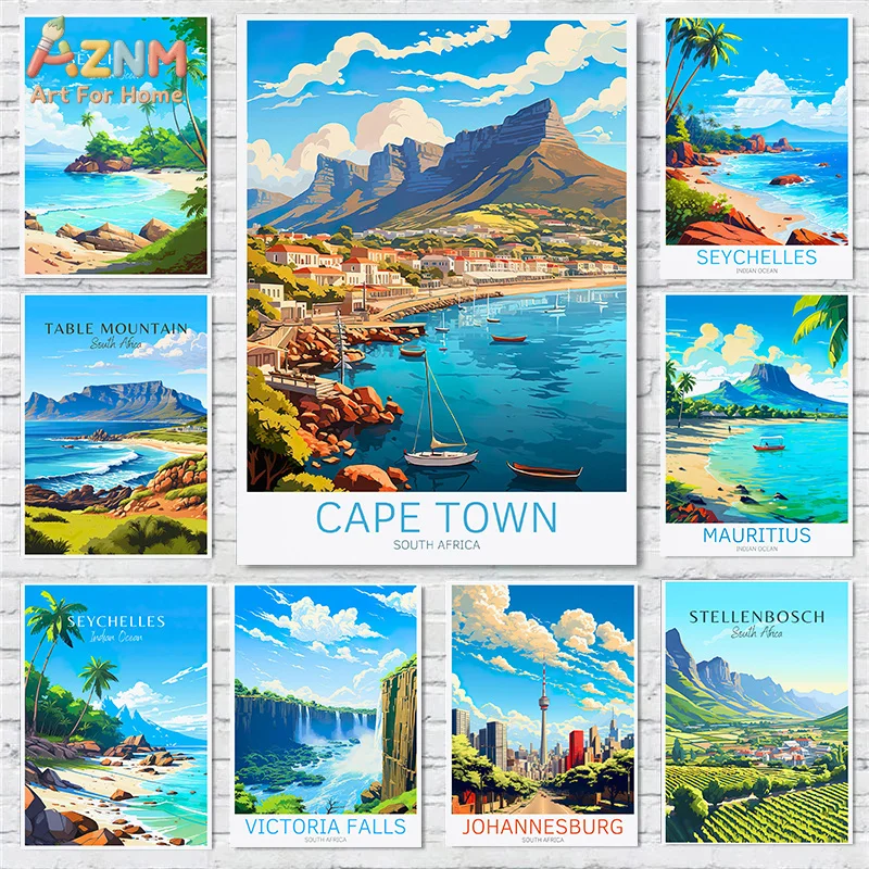 AZNM Frameless Canvas Poster Africa Travel Print, Cape Town Table Mountain Seychelles Mauritius Tropical Beach Landscape Vintage