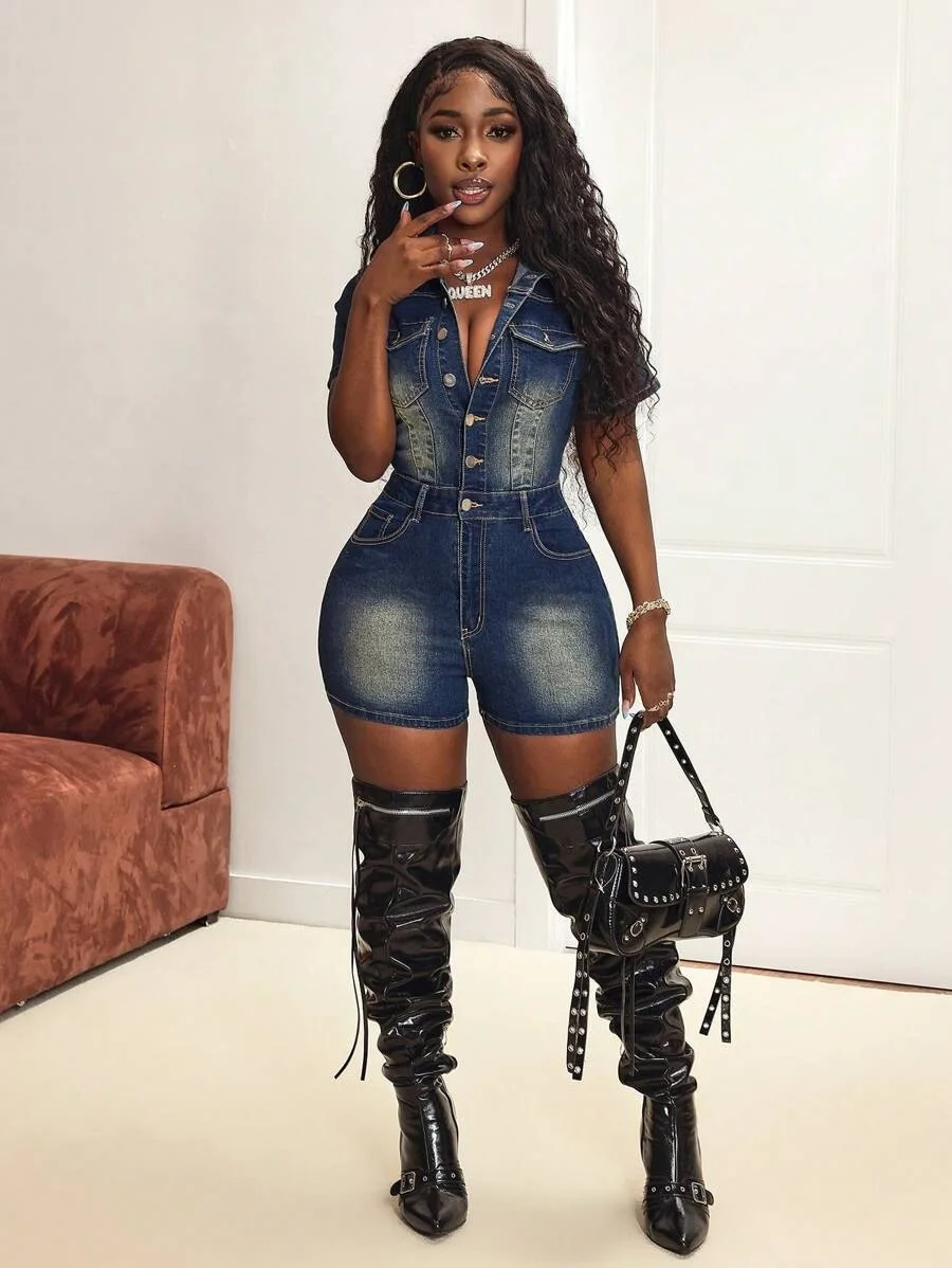 Women Jumpsuits Summer Fashion Tight Short Sleeve Stretch Denim Jumpsuits Playsuits Streetwear Casual High Waist Jeans Rompers