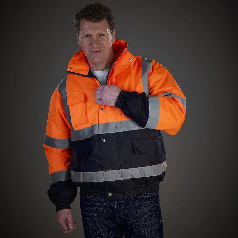 High Visibility Work Jacket Multi Pockets ANSI Navy Bottom High Visibility Thermal Bomber Jacket Waterproof Winter Hi Vis Parka