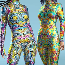 Moroccan Style Image Pattern Zentai Sexy Women Cosplay Punk Jumpsuit Costume Holiday Party Fancy Performance Bodysuit Romper