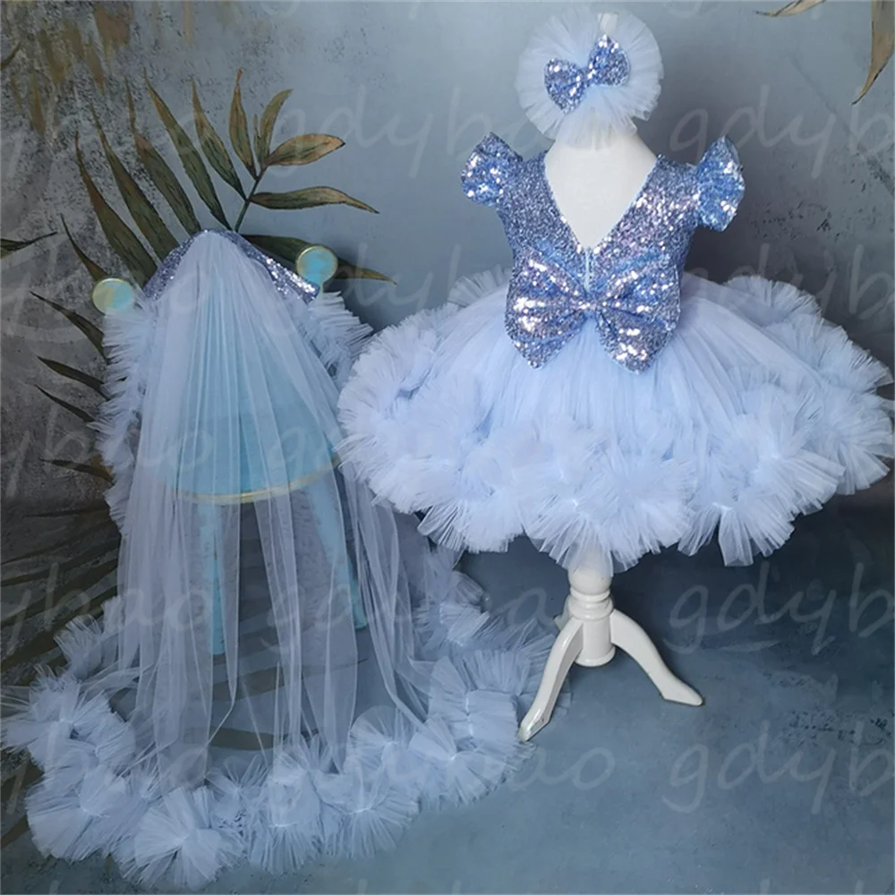 

Cute Fluffy Short Sleeve Sparkle Blue Baby Flower Girl Dress Bow Kid's Child Birthday Communion Present Evening Baptism Dress