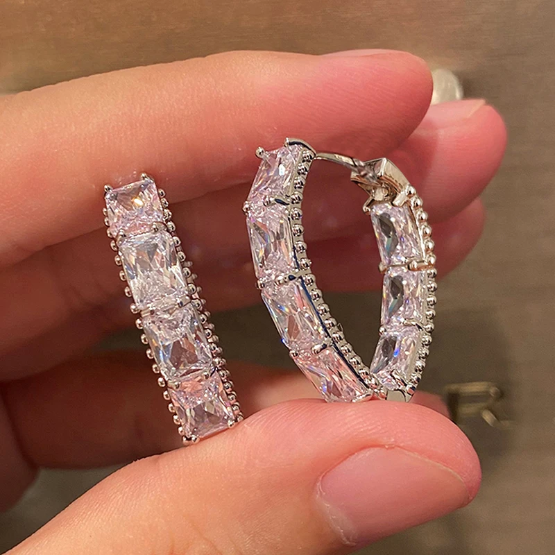 Huitan Luxury Geometric Zirconia Hoop Earrings Female Fashion Wedding Party Jewelry Gorgeous Silver Color Accessories for Women