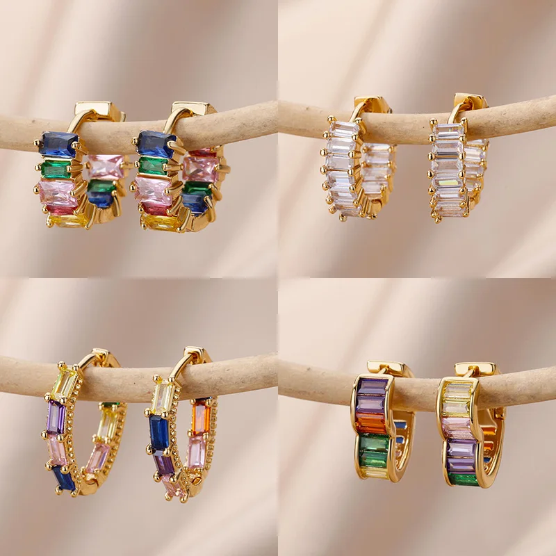 Colorful Zircon Heart Hoop Earrings for Women Gold Color Stainless Steel Geometric Earrings Wedding Aesthetic Jewelry Gift