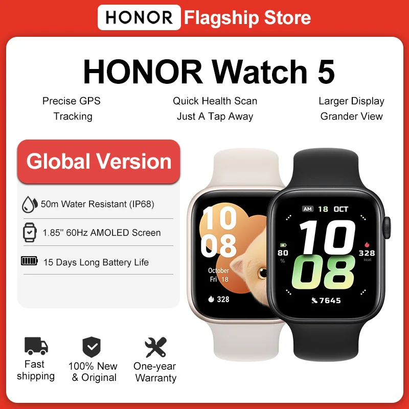 Global Version HONOR Watch 5 Smartwatch 1.85'' AMOLED Color Screen 480mAh Battery 15 days Battery Life 5ATM+IP68 Bluetooth 5.2