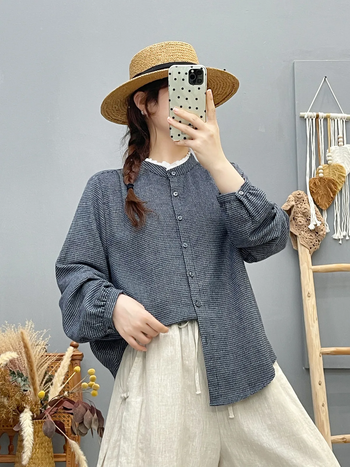 Novo 2025 outono algodão manga longa camisa escovada, feminino suporte xadrez babados, mori menina moda ol casual blusa solta t58979cc