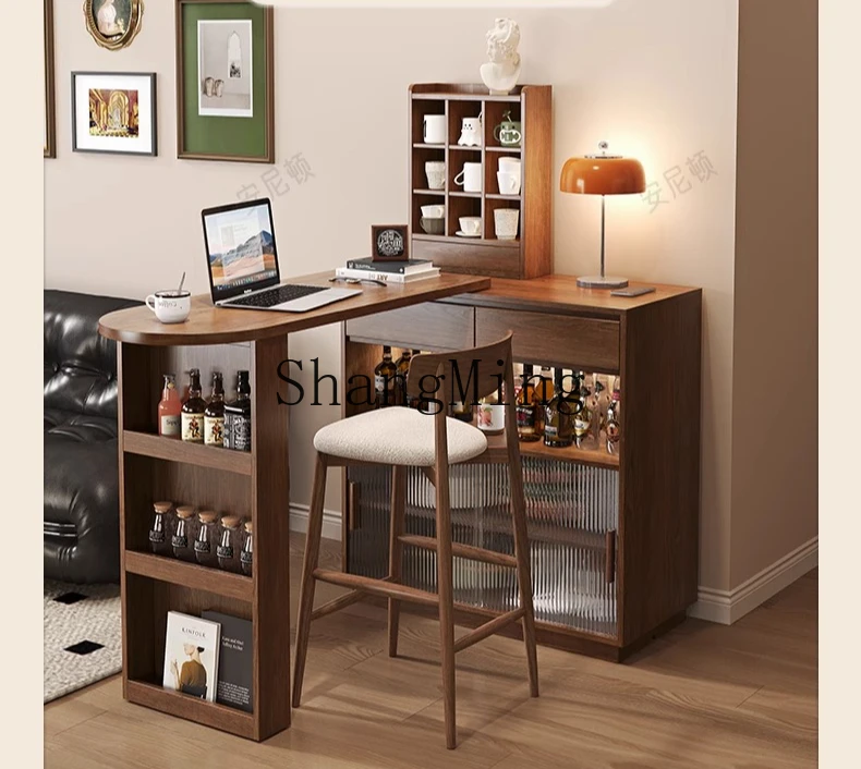 

HJ retro retractable bar table solid wood partition household living room small bar cabinet dining table integrated
