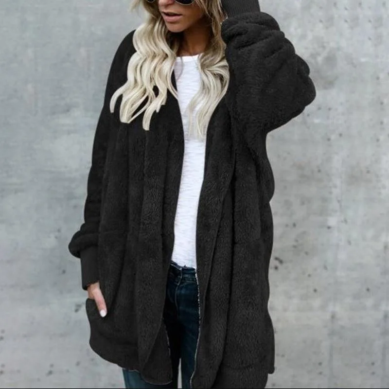 Hot Women's Fashion Winter Warm and Comfortable Long Hoodie Coat Women's Long Sleeve Cardigan Plush Hooded Coat