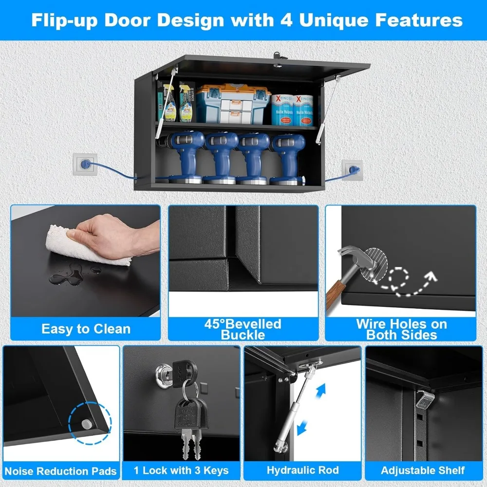 Надежный настенный гаражный шкаф для хранения с регулируемыми полками и запираемым небольшим хранилищем для инструментов для эффективной организации