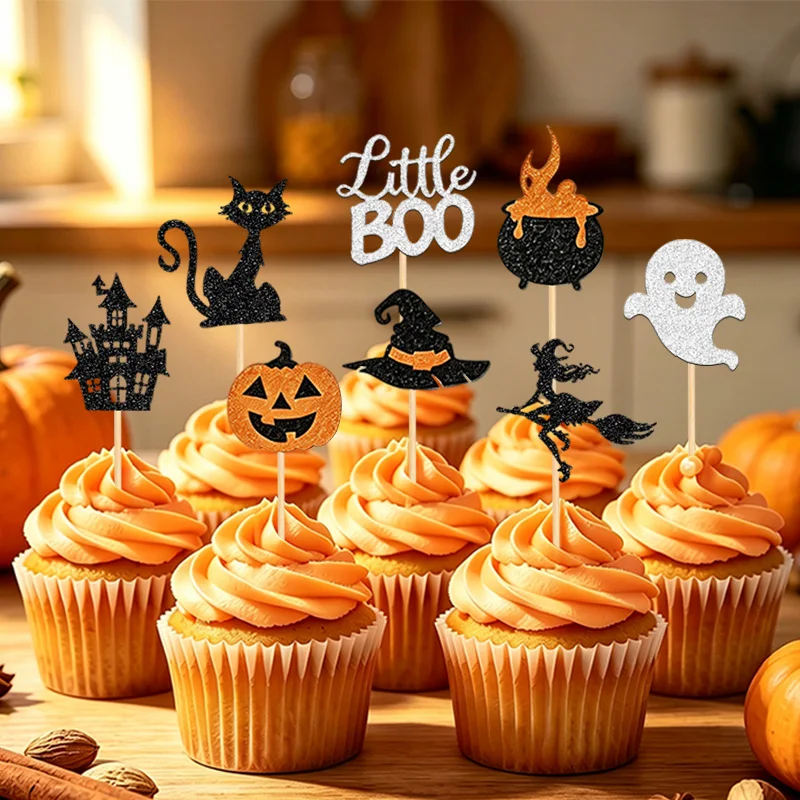 YOMDID 24Pcs Halloween Cupcake Toppers Glitter Cat Castle Boo Ghost Witch Hat Cake Toppers Picks Holiday Halloween Decorations