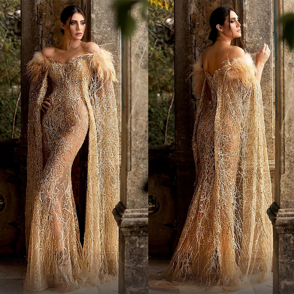 

Sparkle Champagne Prom Dresses Mermaid Sweetheart Lace Evening Dress Custom Made Feathers Long Sleeves Party Gown
