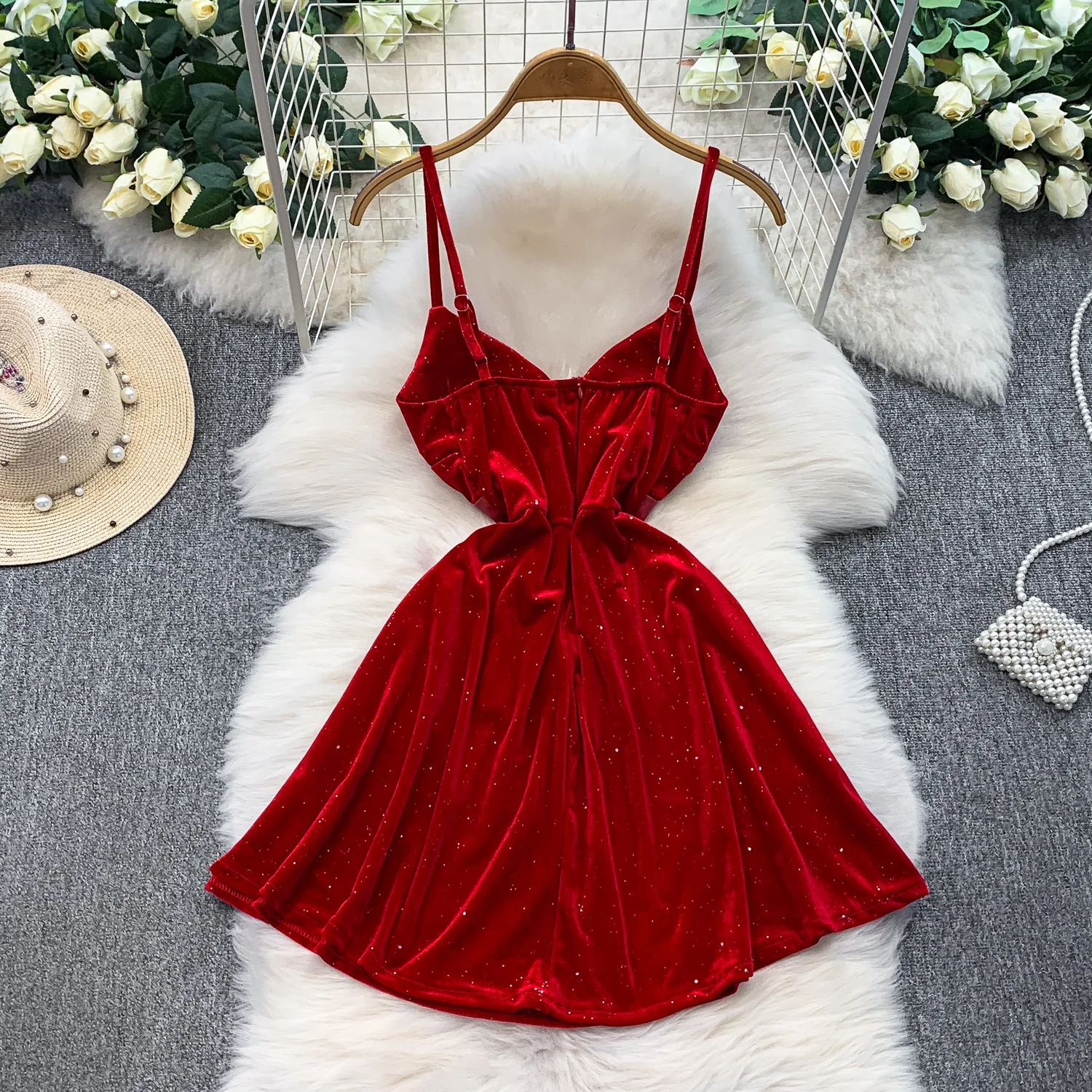 أنيقة خمر الترتر القطيفة بلا أكمام أنيقة الجنية الكورية أزياء الخريف فستان الشمس النساء الملابس #2