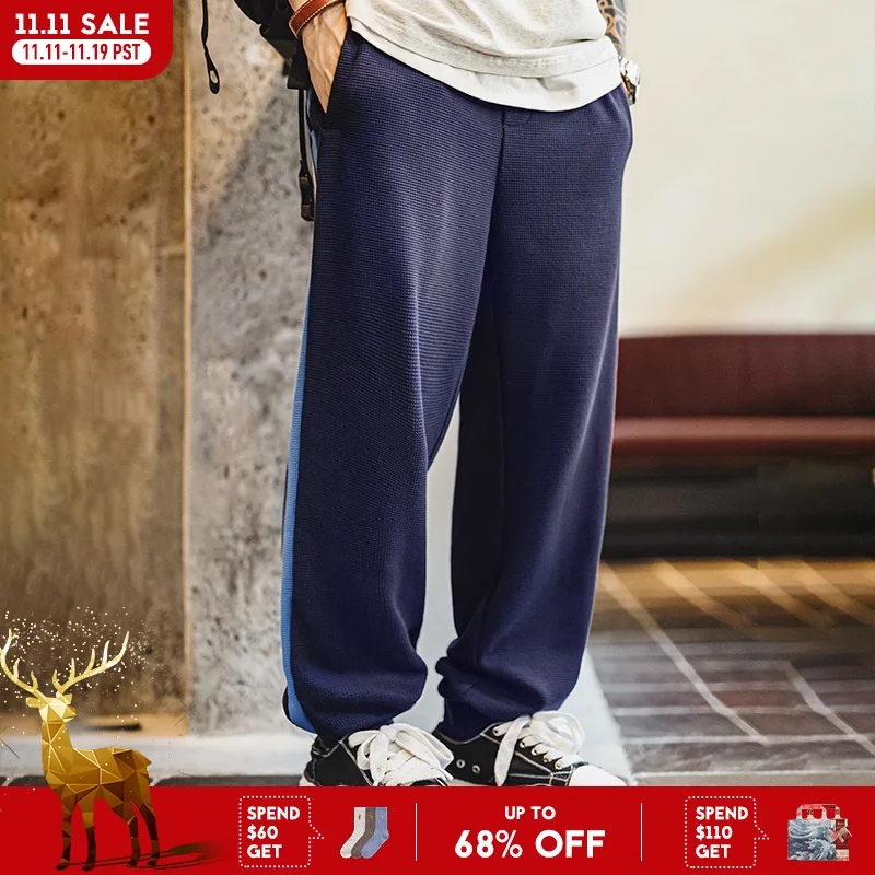 

Мужские контрастные брюки-джоггеры Maden, тренировочные брюки вафельной вязки с эластичными манжетами и завязками на талии, темно-синие повседневные спортивные штаны