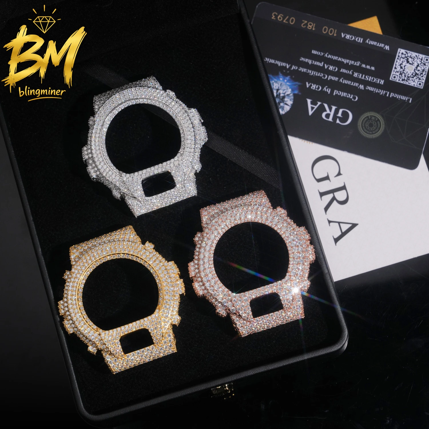 Blingminer CAS** DW6900 VVS Moissanite Watch Case Brass Can Pass Diamonds Tester With GRA Wrist Diamonds Case Free Shipping