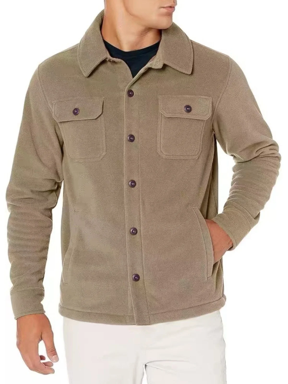 Autumn Men's ket Cardigan Jaet Casual Workwear Breathable Faion Urban Sle Long Sve Flip Collar Pure Color Outerwear
