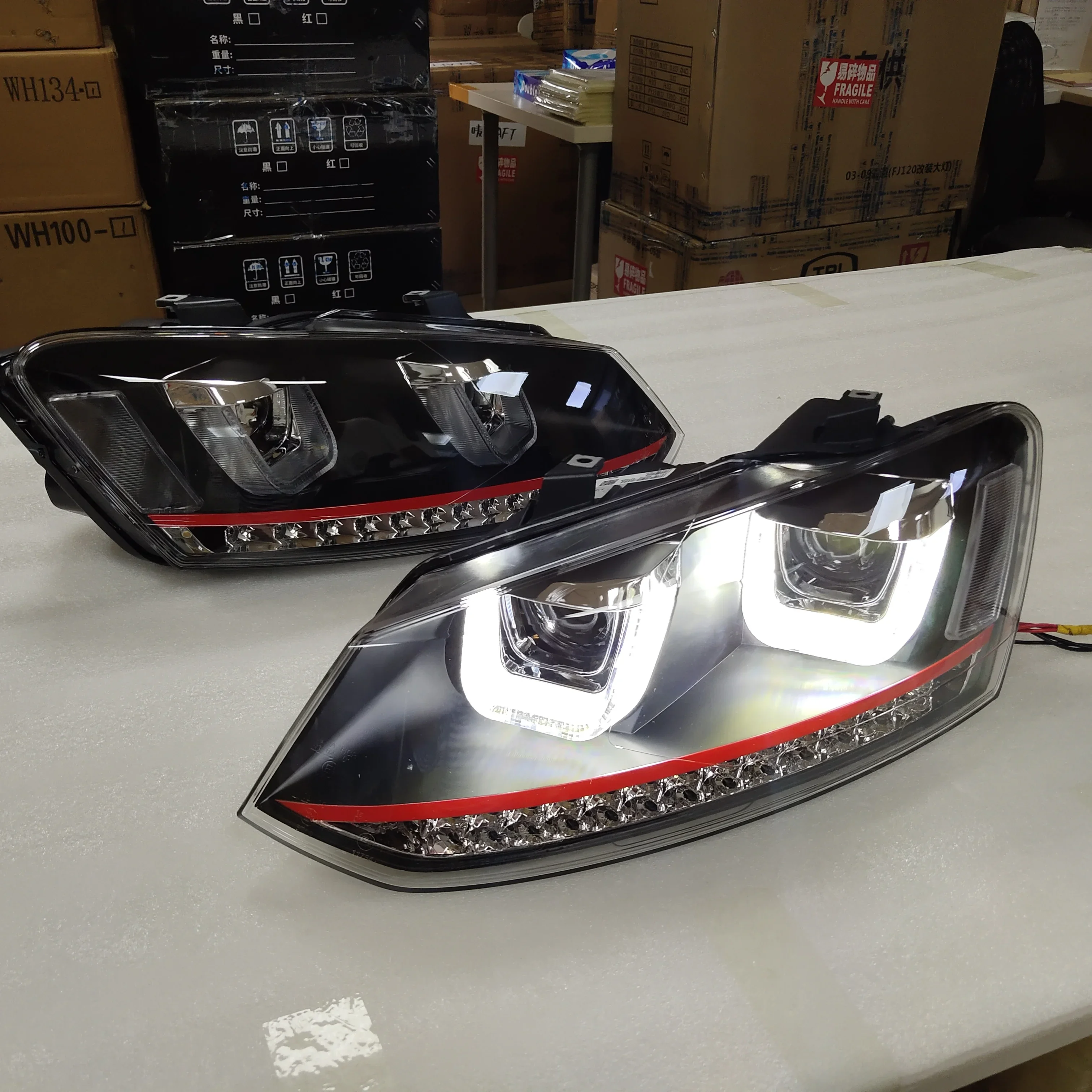 AIROW Red Line Polo Mk5 Vento Cross Polo LED Head Lamp 2010-14 Year U Style LF for VOLKSWAGEN
