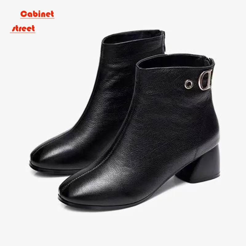 

Heeled Short 2024 Autumn Winter New Collection With Velvet Coarse Heel Casual Martiner Square Head Soft Leather Fashion Boots