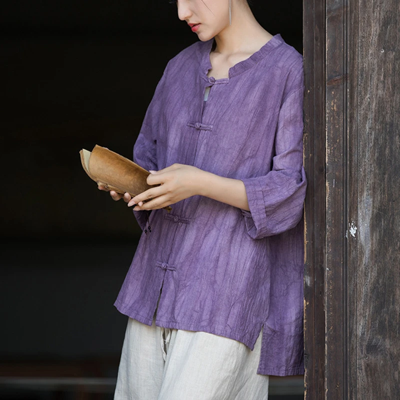 

Chinese Style Cotton Linen Shirt Women Retro Stand Collar Handmade Tie-dye Casual Loose Blouse Top Sunscreen Cardigan