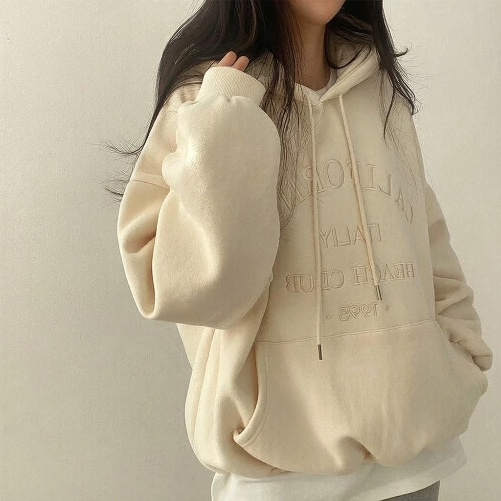 Hooded Sweatshirt Women Korean Style Fleece Warm Hoodie Autumn Winter Loose Pullover Streetwear 2026 New