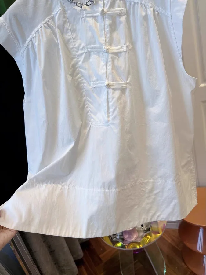 Loose Casual White irt Women's Summer Svel Hoodie Thin New Chinese Sle National Wind Button Design Thin Top