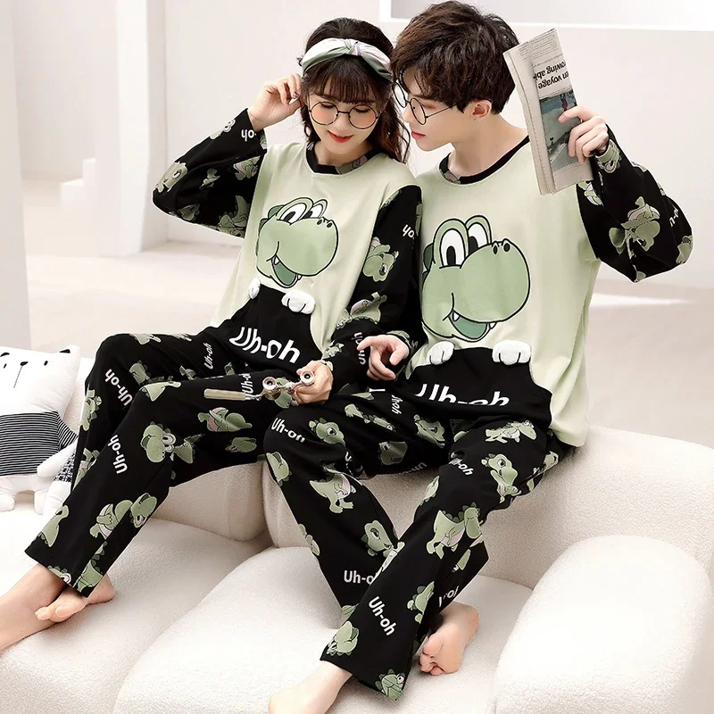 Autumn Cartoon Dinosaur  Women Men Pajama Set Couples Sleepwear Korean Loose Unisex Pijamas Mujer Long Sleeve Cotton Pyjama