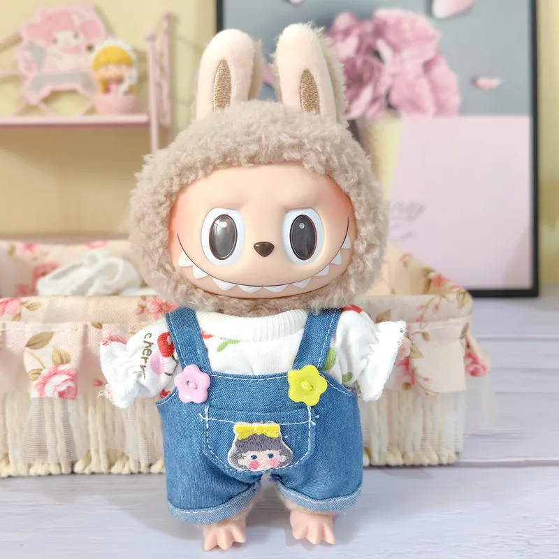 Cute Mini Plush Doll Clothes for Kids, 17cm, Outfit Accessories for Korea Kpop Exo Labubu Idol Dolls, T-Shirt e Calças, DIY Clothing, Gift