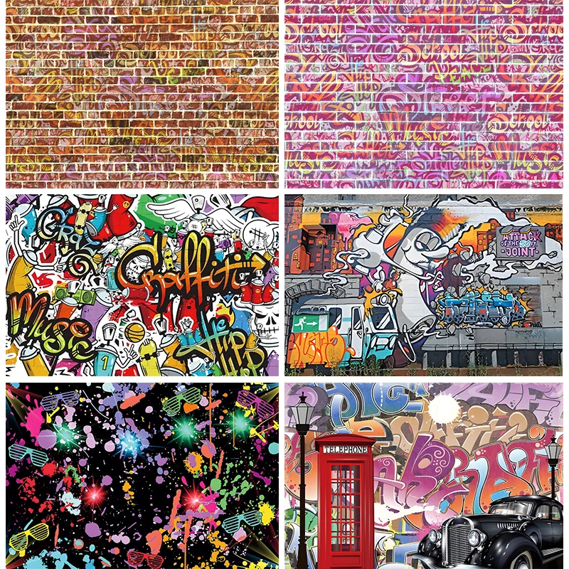 

Graffiti Brick Wall Backdrop Street Hip Hop Music Dance Punk Rock Party Decorations Photogarphic Background for Kids Birthday