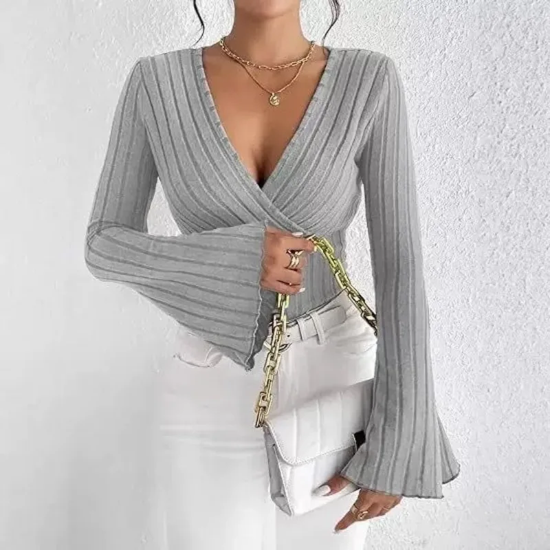 Elegant Ribbed Knit V Neck Blouse Women | Fashion Bell Sleeve Design Sense T-Shirt, Casual Slim Fit Daily Wear Top