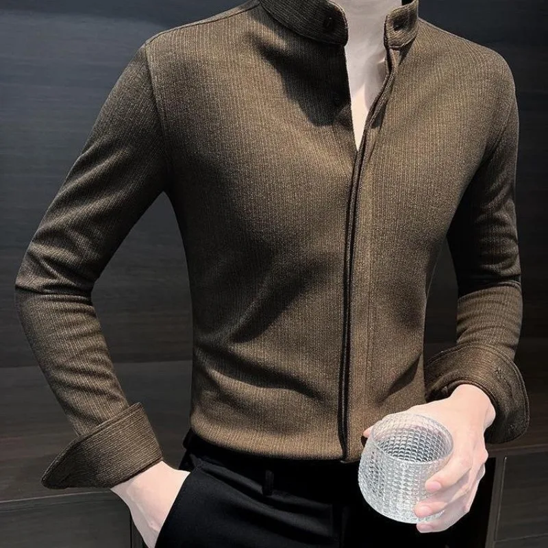 Men's Korean Fashion Stand Collar Business Casual All Match Woolen Shirt Autumn Winter Male Vintage Solid Long Sleeve Slim Tops