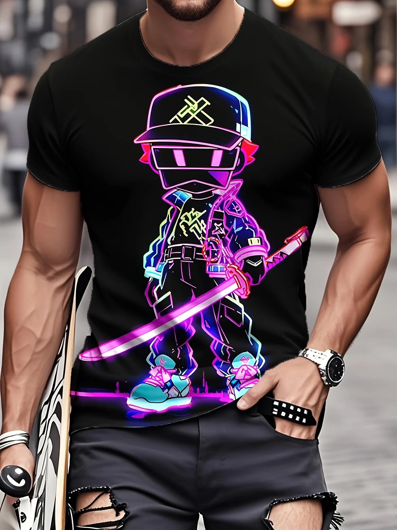 

New Men's Funny Cat Pattern 3D Print Short Sleeve T-Shirt - Novel Design, Round Neck, Perfect for Summer Outdoor Activities