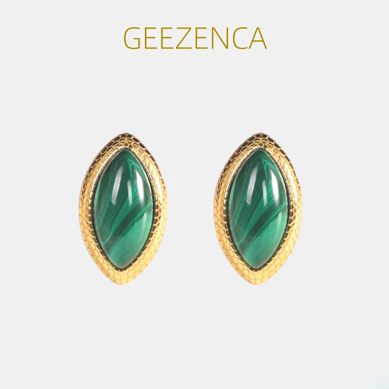 GEEZENCA 925 Silver Natural Malachite Stud Earrings For Women Marquise Shape Green Stone Simple Earring Fine Jewelry 2023 New