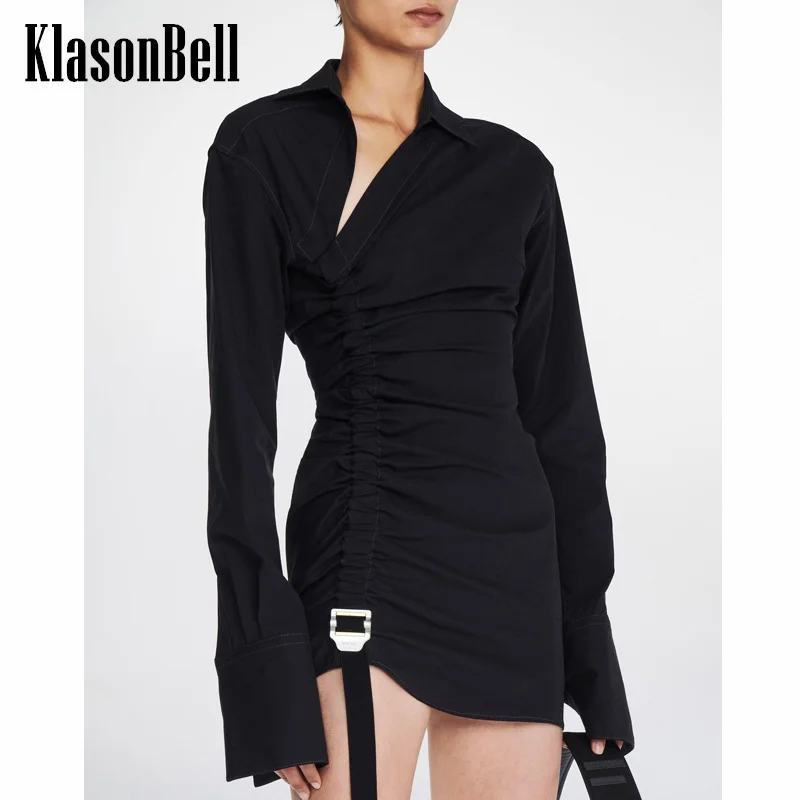 

8.3 KlasonBell Women Fashion New Drawstring Adjustable Dress Temperament All-match Diagonal Collar Long Sleeve Slim Mini Dress