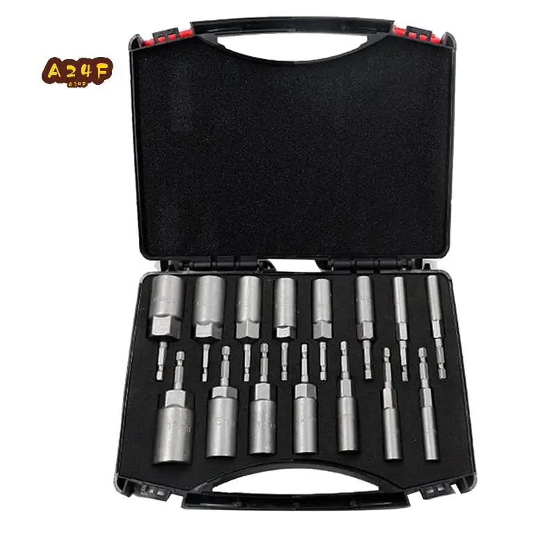 

A24F-1Set 5.5Mm-19Mm Hex Socket Sleeve Nozzles Nut Driver Set Power Screwdriver Handle Tools Power Drills Impact Drivers Gray-Bl