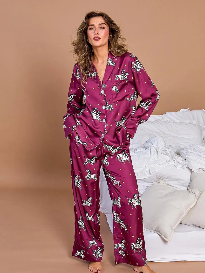 

Marthaqiqi Loose Women Nightwear Suit Turn-Down Collar Sleepwear Long Sleeve Pajamas Pants Printing Ladies Nightgowns Casual Set