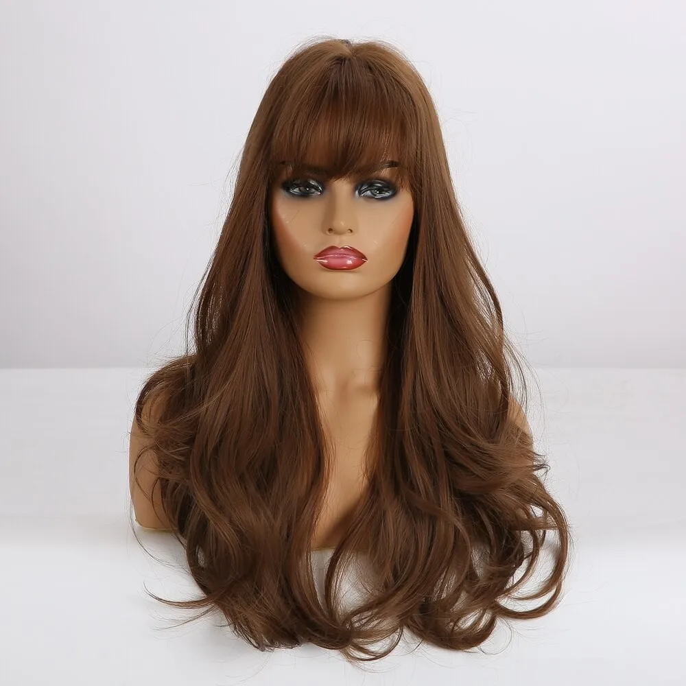 

Long Wavy Dress Up Wigs With Fringe Auburn Natural Heat Resistant Hair Soft