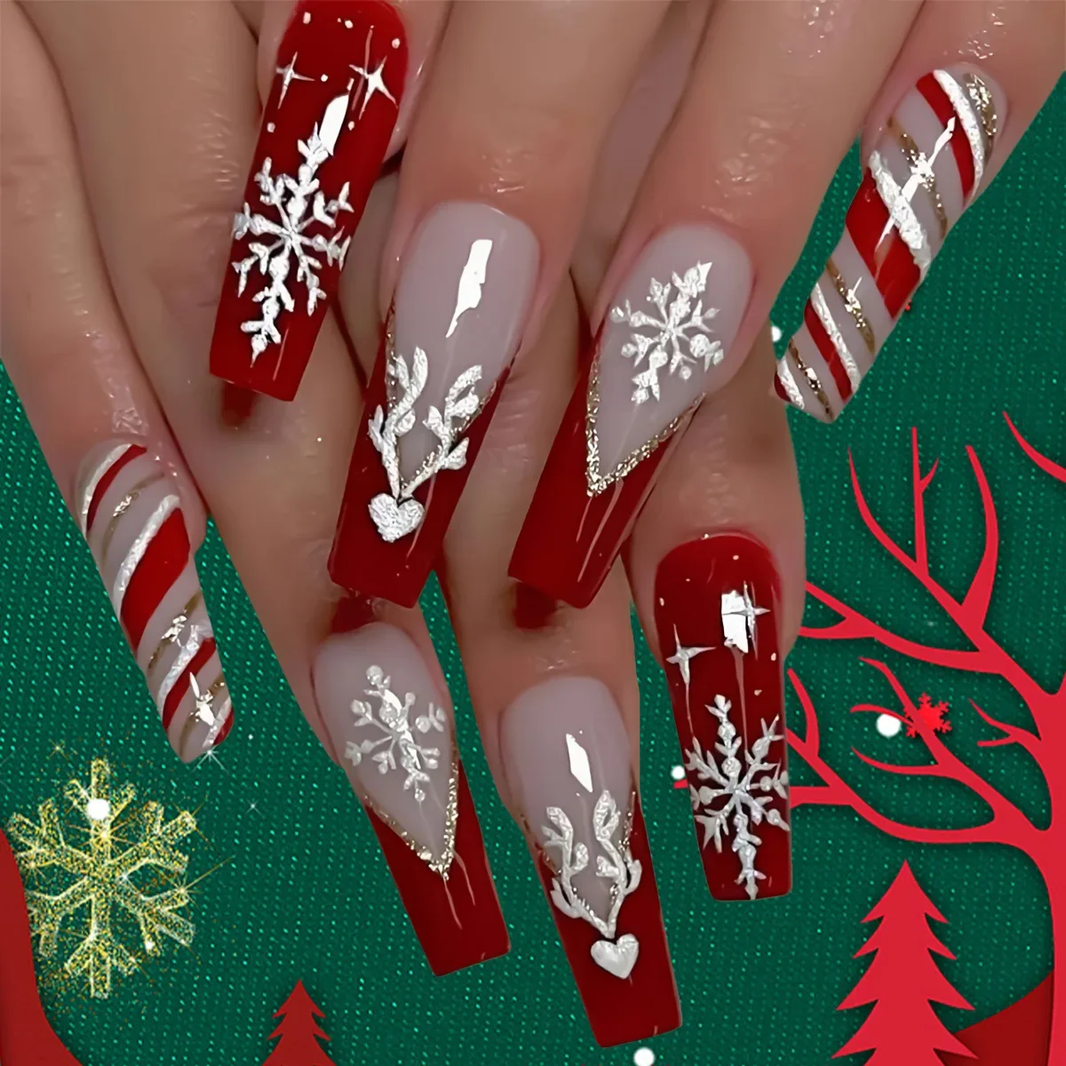 

Christmas Press On Nails, Long Coffin Red Nude Fake Nails, 3D Snowflake Candy Cane Removable Holiday False Nail Tips